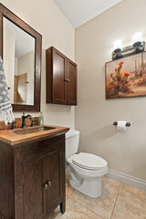 A bathroom featuring a toilet, sink, mirror, and wall painting