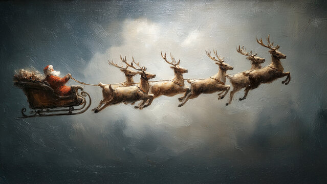 Vintage Santa Claus and Reindeer Flying Through the Sky &mdash; Classic Christmas Oil Painting Style
