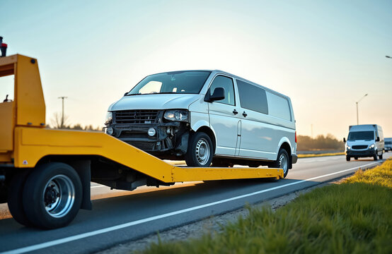 Damaged white cargo van transports on yellow tow truck. Recovery service helps broken vehicle after accident on highway. Cars driving on road. Roadside assistance provides urgent help with vehicle
