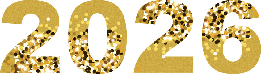Golden glitter 2026 number design. Shiny festive typography with sparkling confetti effect, isolated on white background. Perfect for New Year, celebration, or holiday decor, transparent PNG.