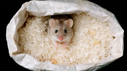 Closeup of a tiny brown mouse nestled inside an open rice sack with scattered grains and a clean white fabric background