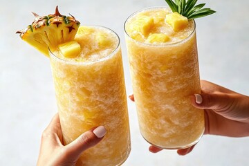 Two hands clinking tall glasses of refreshing frozen pineapple drinks, garnished with fresh fruit and leaves, perfect for a tropical summer treat.
