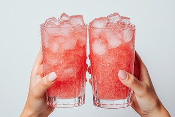 Two hands hold tall glasses filled with a vibrant red, icy beverage topped with ice cubes, suggesting refreshing summer drinks.