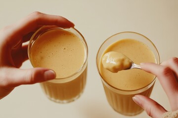 Two glasses of creamy, golden smoothies, one held, the other tasted with a spoon, revealing its thick, rich texture.