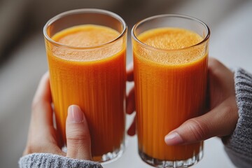 Two hands hold tall glasses of vibrant orange juice, likely fresh carrot or citrus. A healthy and refreshing beverage sharing moment.