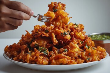 A hand with a fork lifts a crispy golden fritter from a generous pile of freshly fried pakoras, served with green chutney.