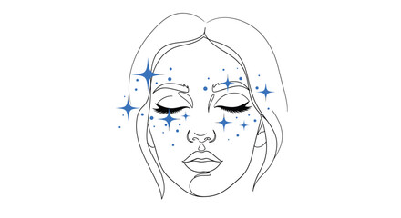 A serene face with sparkling details and a delicate line silhouette
