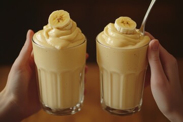 Two creamy banana smoothies or milkshakes, garnished with fresh banana slices, held by hands. A delightful and refreshing yellow beverage.