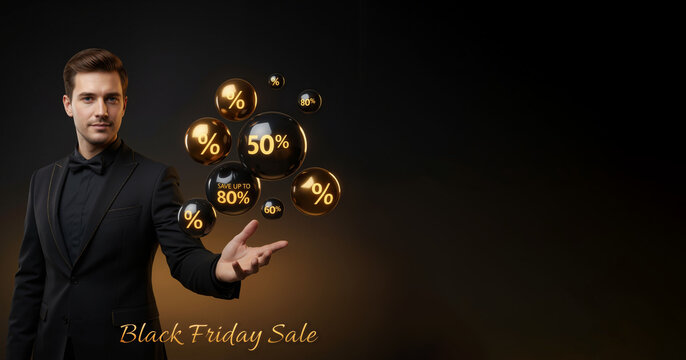 Black Friday sale balloons float above a man's hand against a dark background (copy space) - Powered by Adobe