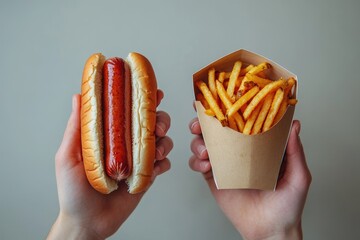 Two hands holding a classic hot dog in a bun and a cone of golden french fries, representing popular fast food choices.