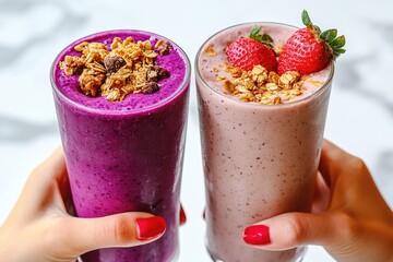 Two hands hold vibrant purple and strawberry-pink smoothies, both topped with delicious granola for a healthy, refreshing drink.