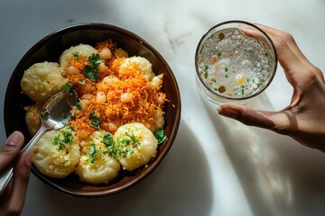 A delicious bowl of South Indian appams or paniyaram, topped with crispy sev, chickpeas, and fresh coriander, served alongside a refreshing clear drink.