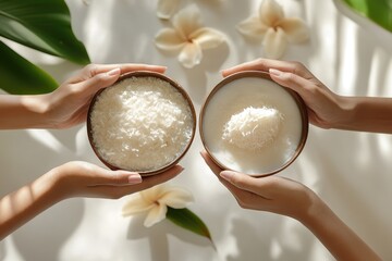 Two hands present bowls: one with shredded coconut/rice flakes, the other with coconut milk and flakes, amidst tropical flowers.