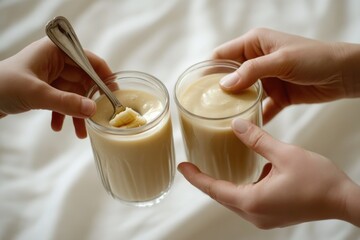 Two hands holding creamy banana smoothies or puddings in glasses. A spoon in one glass reveals banana pieces, perfect for a healthy snack.