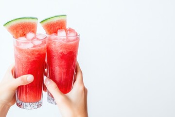 Two hands hold frosty watermelon smoothies, garnished with fresh fruit wedges and ice, against a clean white background. A refreshing summer drink.