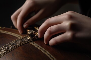 Hands carefully engaging a decorative brass latch on a dark wooden treasure chest, suggesting discovery or safeguarding precious contents.
