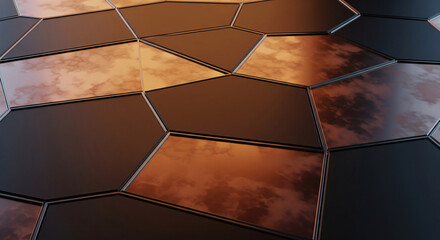 Modern geometric mosaic surface with reflective warm metallic and dark panels creating a sophisticated backdrop
