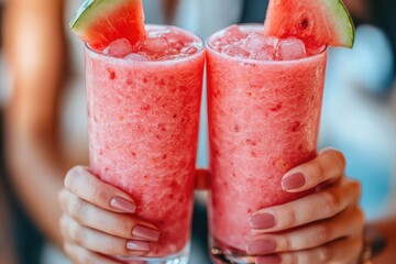 Two hands present vibrant pink watermelon smoothies, garnished with ice and fresh watermelon slices. Perfect for a cooling summer refreshment.