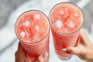 Two refreshing tall glasses of vibrant pink iced beverage, held by hands, offering a cool, thirst-quenching moment. Perfect summer drink.