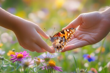 Two gentle hands carefully cradle a vibrant butterfly amidst a sunlit meadow of colorful wildflowers, symbolizing delicate beauty and connection with nature's wonders.