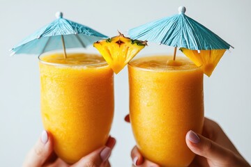 Two hands hold vibrant orange tropical smoothies, each garnished with a pineapple slice and a tiny blue umbrella, suggesting a refreshing summer drink.