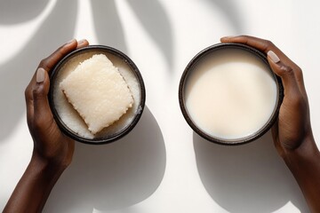 Hands hold two bowls featuring natural skincare products: a solid exfoliating scrub and a milky white liquid, against a bright background.