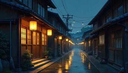 Nighttime street in traditional Japanese town with wooden buildings, glowing lanterns. Rain falls creating reflections on wet pavement. Evening atmosphere in old Asian city with blurred background