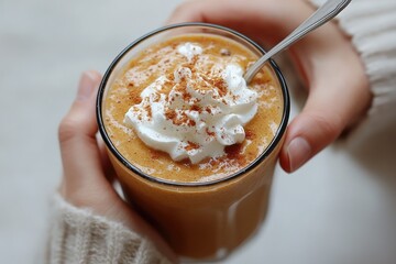 Hands holding a delightful pumpkin spice beverage, adorned with a generous dollop of whipped cream and festive spice.