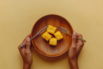 A pair of hands holds a wooden plate with four golden squares of food, each with a fork ready to eat, against a yellow background.