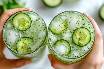 Refreshing cucumber and mint iced drinks, garnished with fresh cucumber slices and herbs, held in hands, perfect for summer hydration.