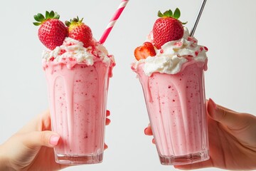 Two hands hold vibrant strawberry milkshakes topped with generous whipped cream, fresh berries, and sweet drizzle. A refreshing, delicious, and indulgent treat.