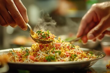 Hands serve steaming, vibrant Indian rice. Garnished with fresh herbs, tomatoes, and crispy toppings, this aromatic biryani or pulao looks delicious.