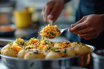A chef spoons steaming, fragrant biryani onto individual portions of a savory, yogurt-topped Indian street food dish, preparing a delicious meal.