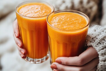 A cozy image of two glasses of vibrant orange juice or smoothie, held by hands in a warm knitted sweater, suggesting healthy comfort.