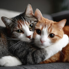 Two cats hug