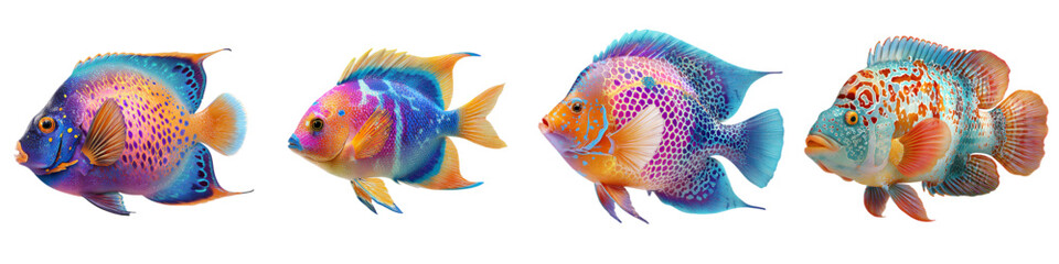 Fototapeta premium Four vibrant tropical fish swimming gracefully, an assortment of colorful aquatic life, a dynamic display of marine biodiversity, originally created as vector art