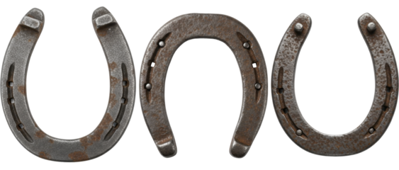  Three aged rusty metal horseshoes symbolizing luck and new year prosperity on a transparent background PNG file
