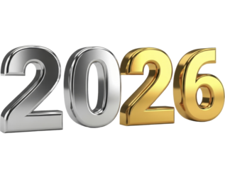 Shiny metallic 2026 numbers in silver and gold on a transparent background PNG image