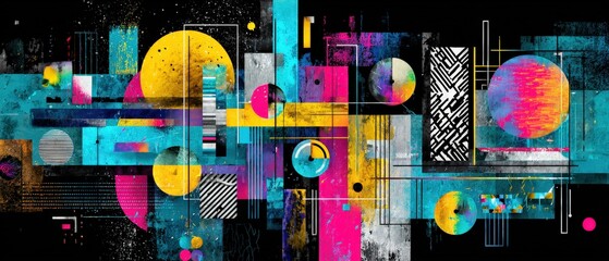 Vibrant abstract geometric art with circles and rectangles in a modern colorful design Bold and dynamic composition with a retrofuturistic aesthetic for creative backgrounds