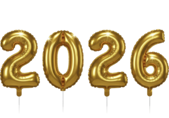 Golden 2026 number balloons with shimmering reflections on a transparent background PNG image