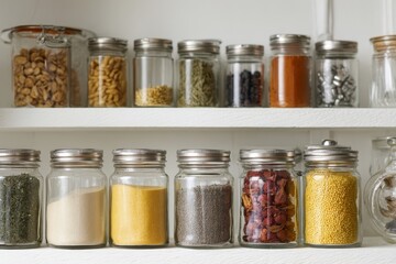 Neatly organized clear glass jars of seasonings and cereals on a white wooden shelf