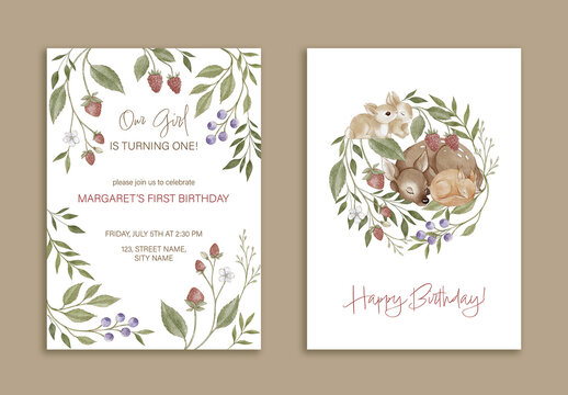 Watercolor birthday invitation and greeting card template set with woodland animals and berries, editable psdt design for baby party printable stationery