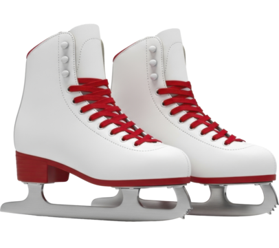A pair of white ice skates with red laces and silver blades on a transparent background PNG image PNG file for winter sports - Powered by Adobe
