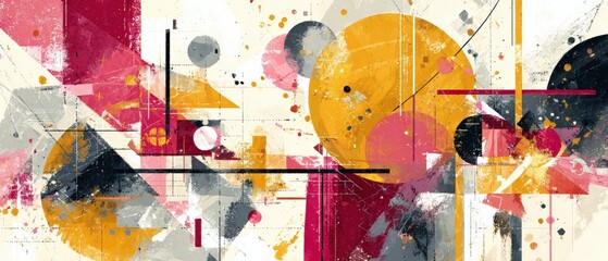 Obraz premium Abstract geometric painting with circles, triangles, and rectangles in a modern art style with bold colors and textured brushstrokes Concept of creativity, design, and artistic expression