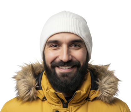 Smiling bearded man in white beanie and yellow winter coat on a transparent background PNG image PNG file for New Year