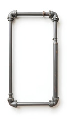 A rectangular frame constructed from dark industrial metal pipes and fittings against a clean white background.