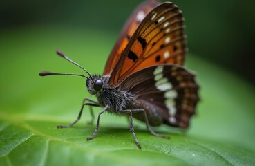 Fototapeta premium Close-up macro view of orange, brown butterfly perched on vibrant green leaf. Insect shows intricate wing patterns with black spots, white markings. Antennae clearly visible against blurred natural