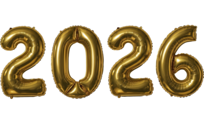 Golden foil balloon numbers 2026 for New Year celebration on a transparent background, PNG image, PNG file