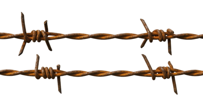  Rusty aged barbed wire strands with sharp points on a transparent background, PNG image