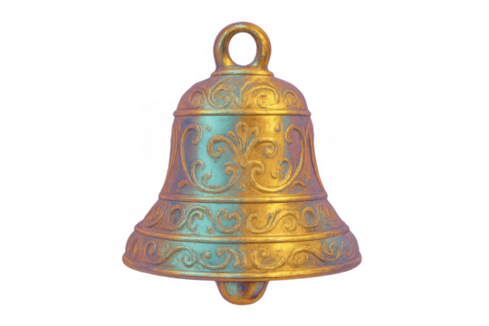 Ornate vintage christmas bell showing intricate decorative patterns and a weathered gold with green patina texture